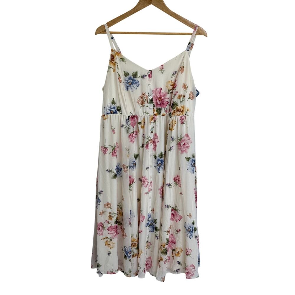 Torrid Size 2 Ivory Floral Chiffon Midi Dress Button Front Smocked Back